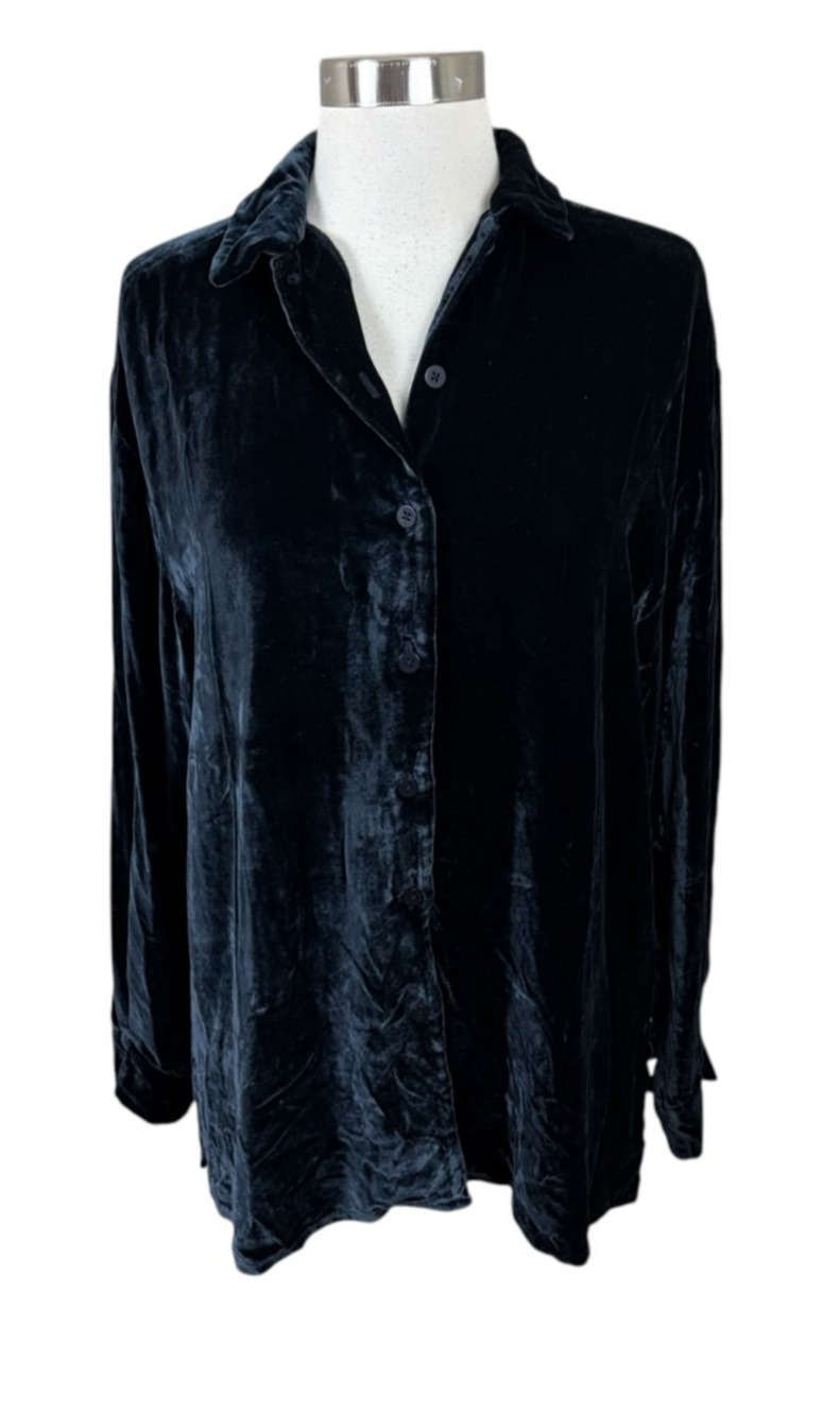 Eileen Fisher Ink Navy Silk Blend Velvet Button Tunic Size Medium